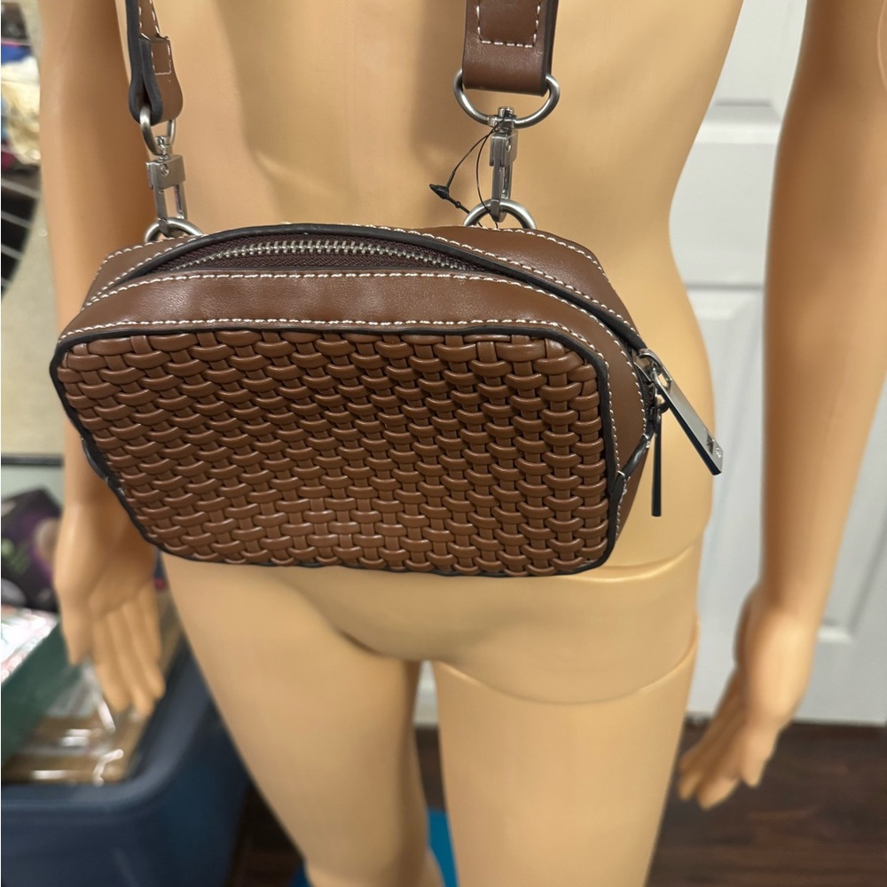 Zara Woven Crossbody Belt Bag - Brown
